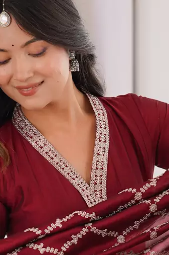 Women   s traditional maroon floor-length anarkali with heavy border