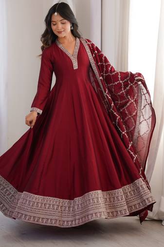 Women   s traditional maroon floor-length anarkali with heavy border
