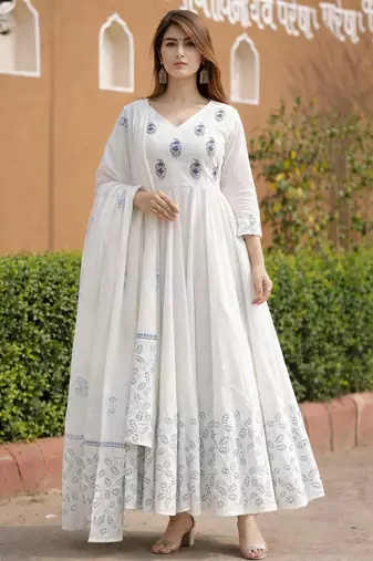 Women white printed anarkali kurta with dupatta set stitched