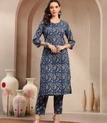 Women blue printed straigth kurta with pyjama  set stitched