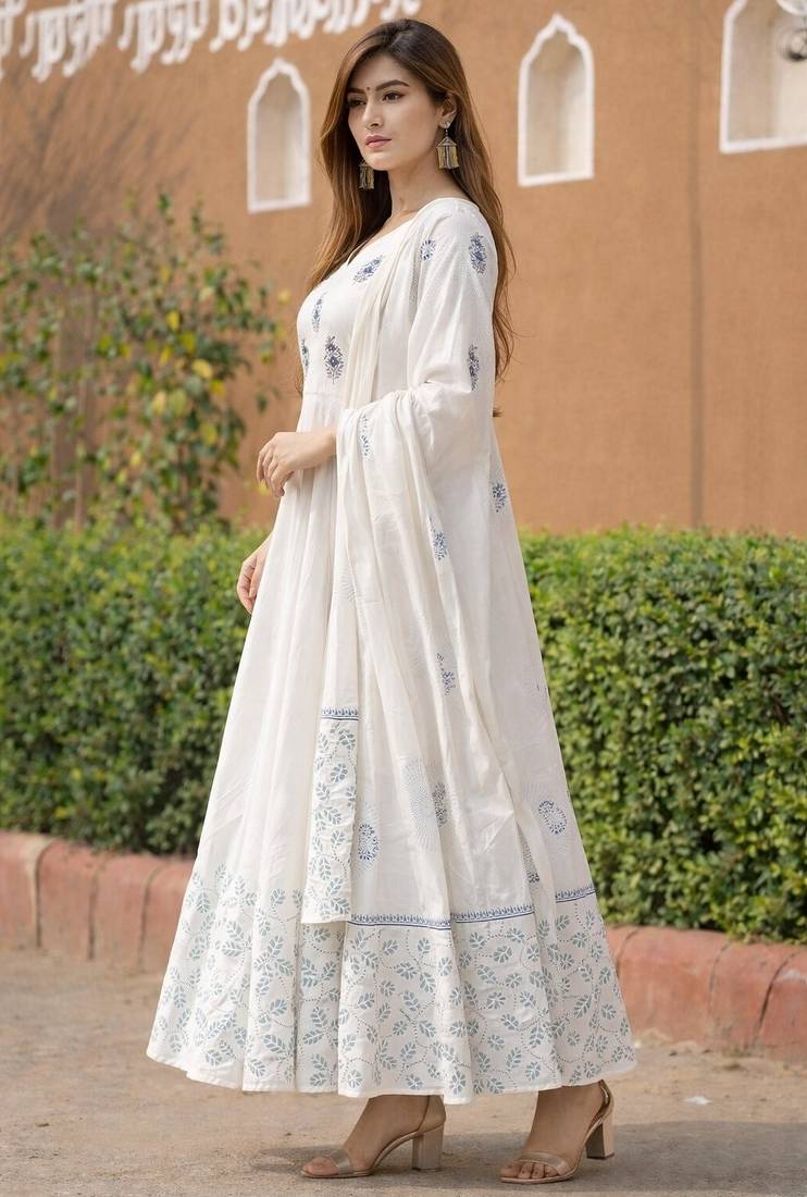 Women white printed anarkali kurta with dupatta set stitched