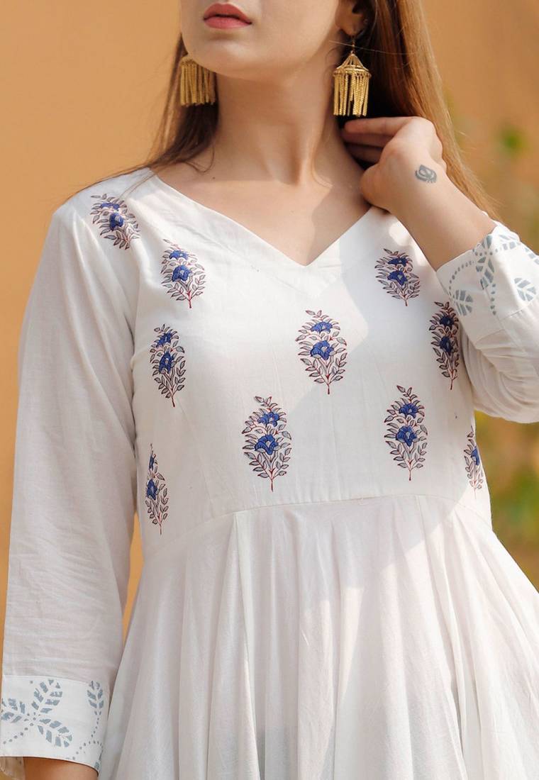 Women white printed anarkali kurta with dupatta set stitched