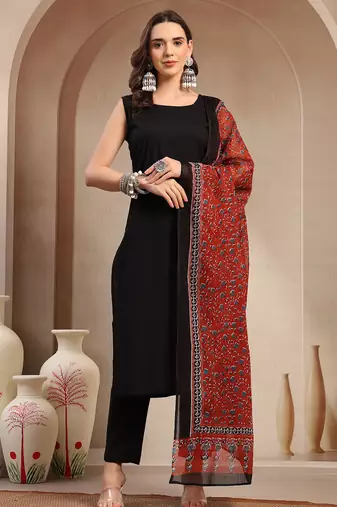 Women black/red solid print kurta pant  with dupatta set stitched