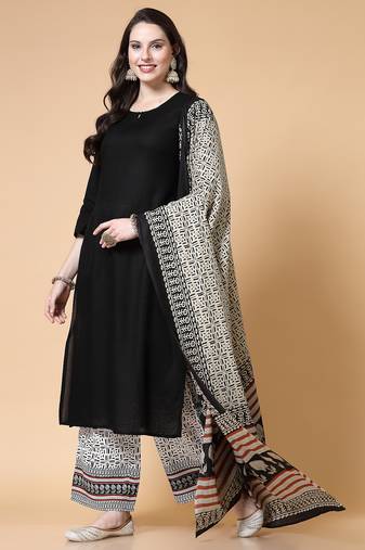 Women black solid print kurta palazzo with dupatta set stitched