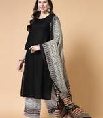 Women black solid print kurta palazzo with dupatta set stitched