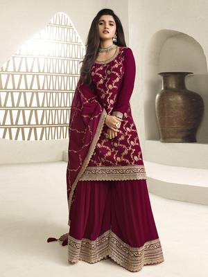 maroon jacquard silk kurta palazzo with embroidery 1