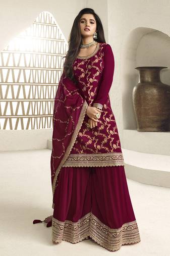 Maroon Jaquard Silk Embroidery sequence Work Kurta Palazzo With Dupatta