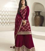 Maroon Jaquard Silk Embroidery sequence Work Kurta Palazzo With Dupatta