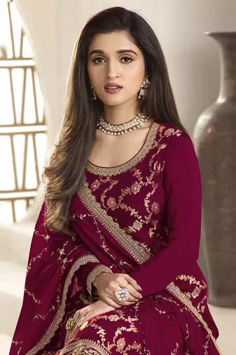 maroon jacquard silk kurta palazzo with embroidery