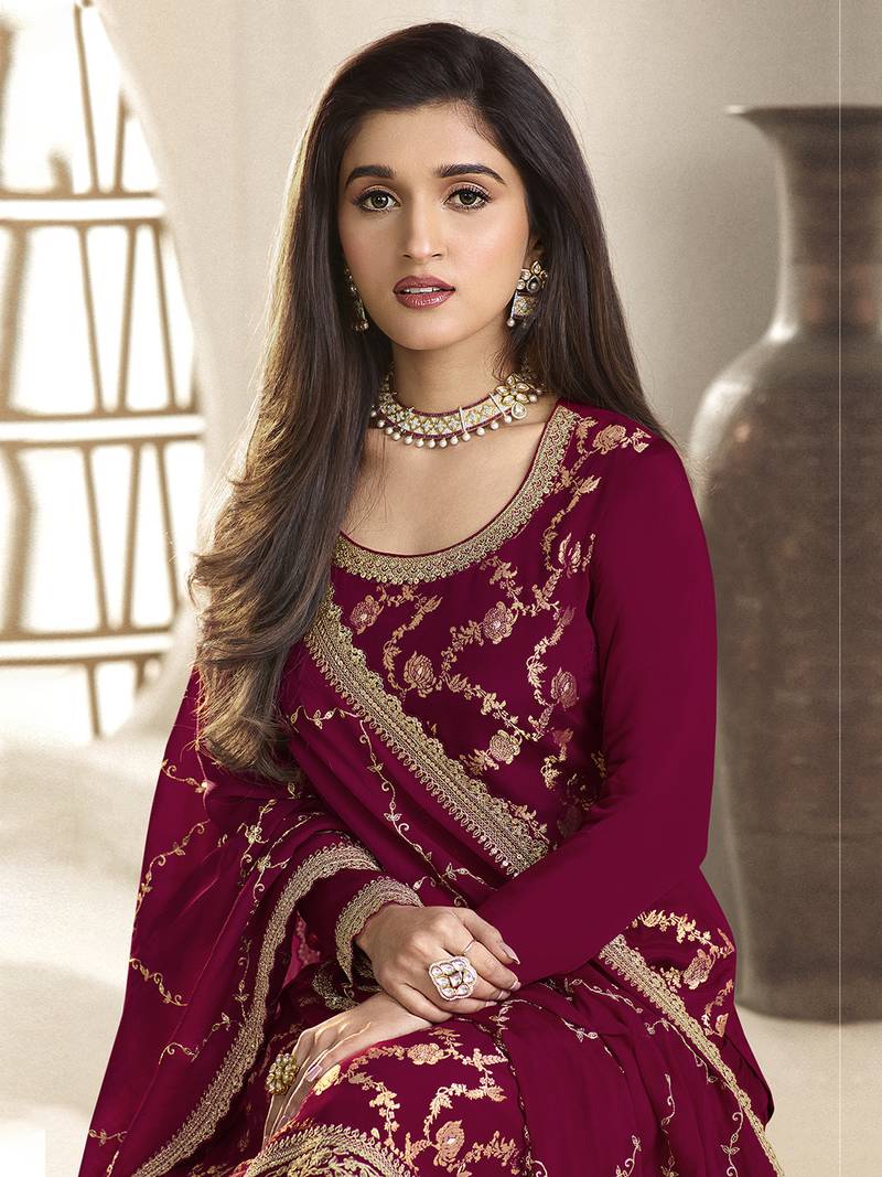 Maroon Jaquard Silk Embroidery sequence Work Kurta Palazzo With Dupatta