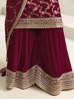 maroon jacquard silk kurta palazzo with embroidery 3