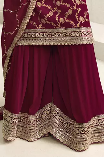 maroon jacquard silk kurta palazzo with embroidery