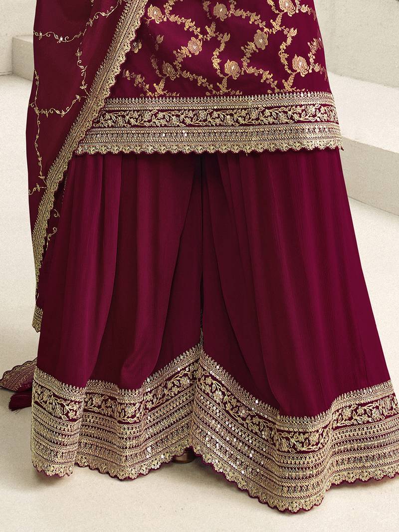 Maroon Jaquard Silk Embroidery sequence Work Kurta Palazzo With Dupatta