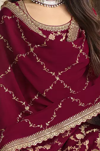 maroon jacquard silk kurta palazzo with embroidery