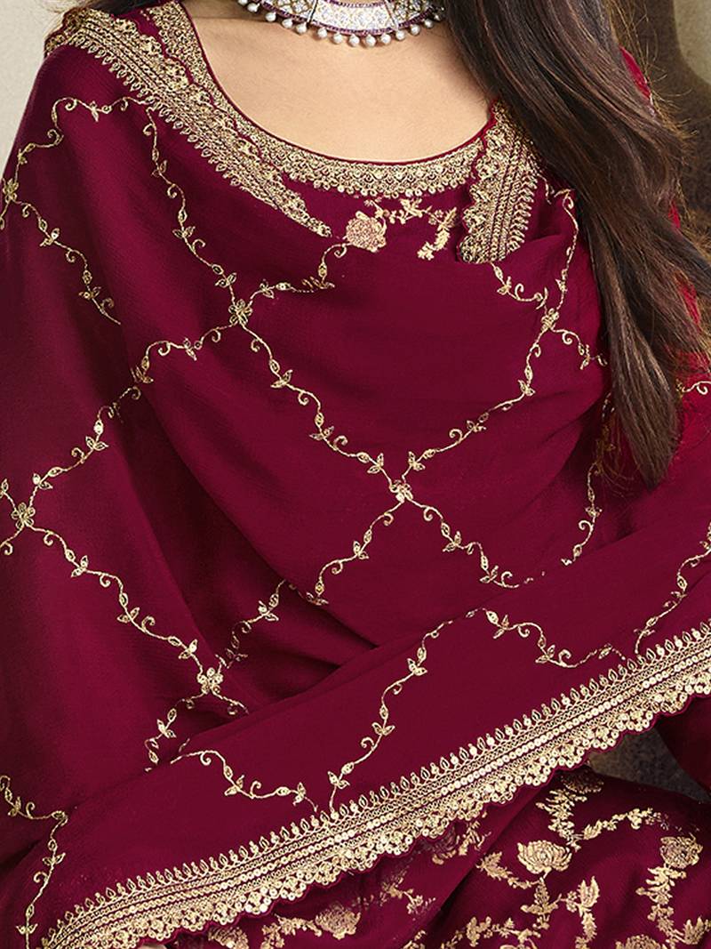 Maroon Jaquard Silk Embroidery sequence Work Kurta Palazzo With Dupatta