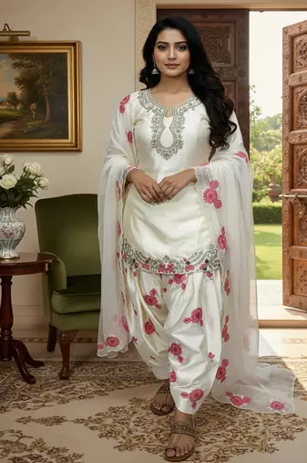 white japan satin suit with organza dupatta