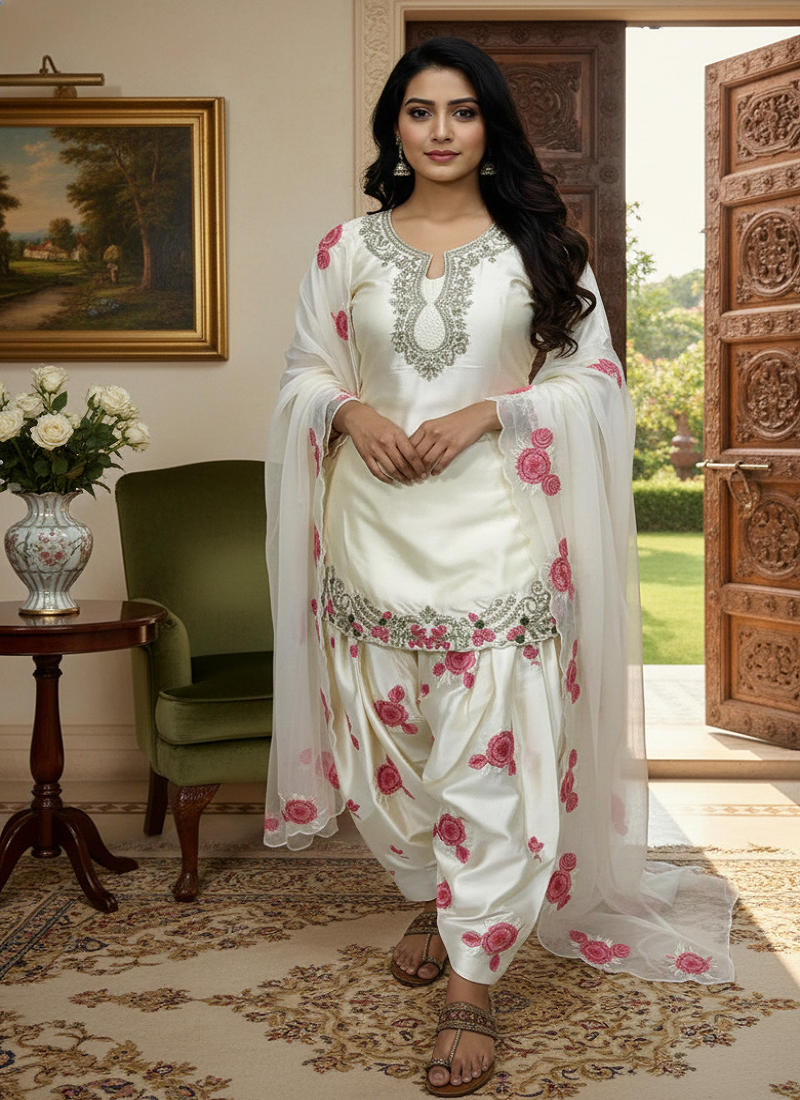 white japan satin suit with organza dupatta