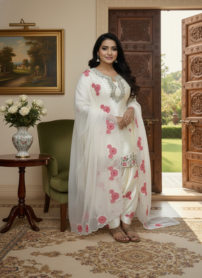 white japan satin suit with organza dupatta 2