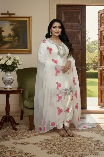 white japan satin suit with organza dupatta