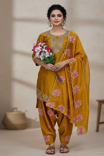 yellow japan satin suit with organza dupatta