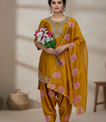 yellow japan satin suit with organza dupatta
