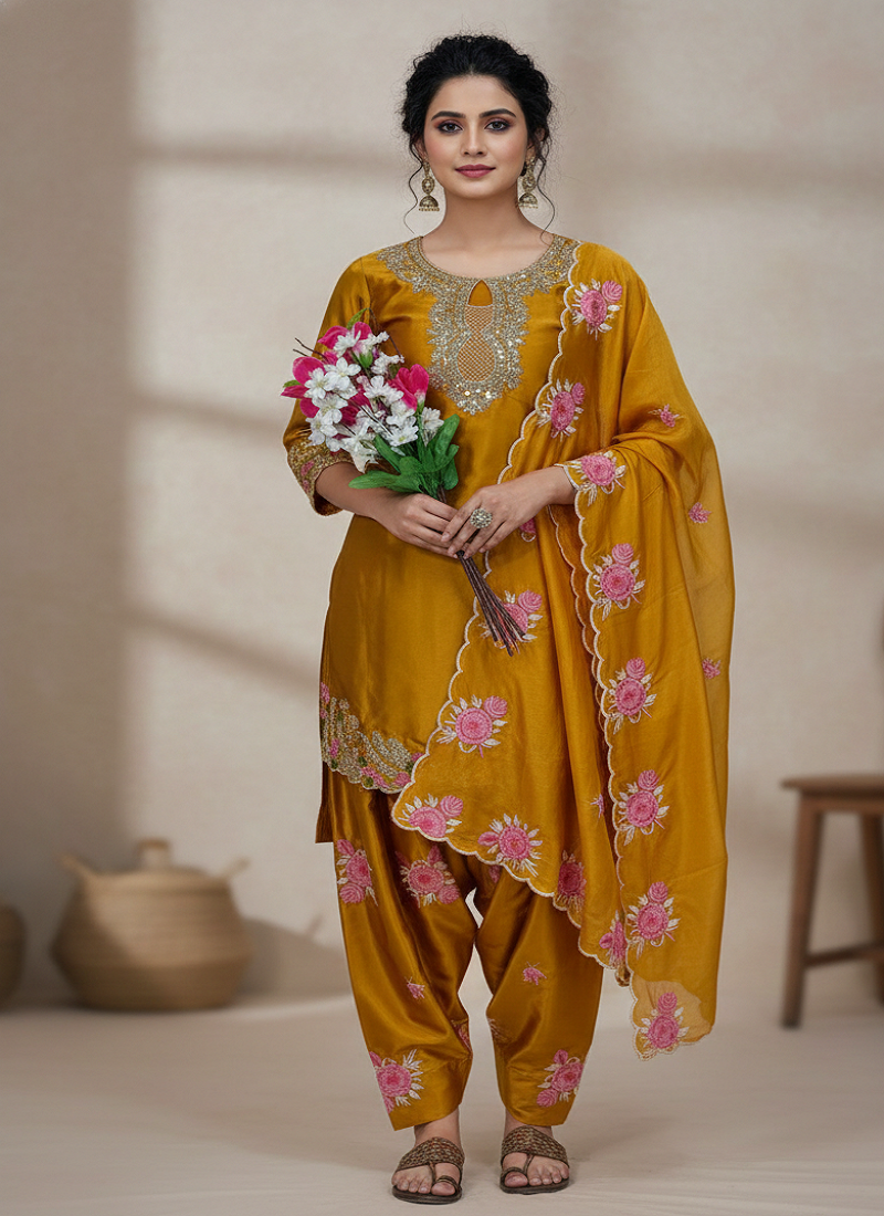 yellow japan satin suit with organza dupatta