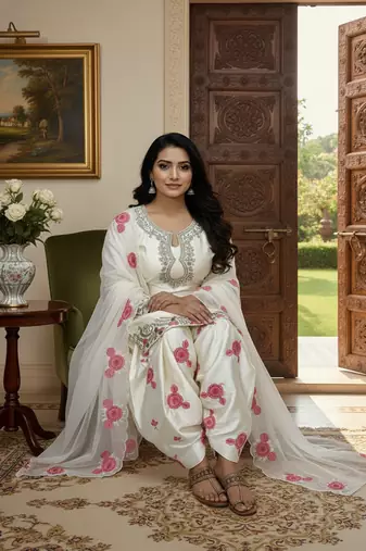 white japan satin suit with organza dupatta