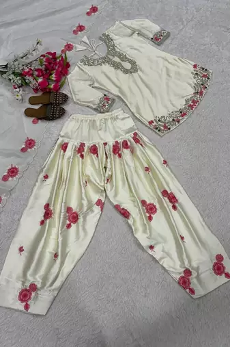 white japan satin suit with organza dupatta