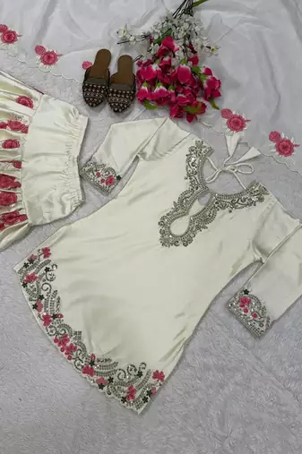 white japan satin suit with organza dupatta