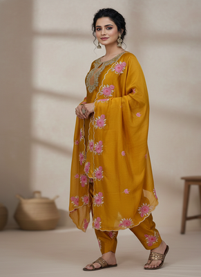 yellow japan satin suit with organza dupatta 2