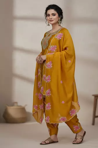 yellow japan satin suit with organza dupatta