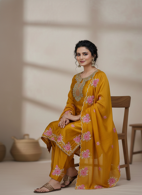 yellow japan satin suit with organza dupatta 3
