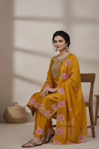 yellow japan satin suit with organza dupatta