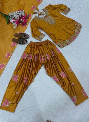 yellow japan satin suit with organza dupatta 4
