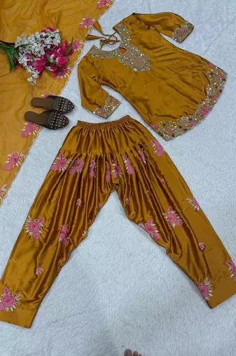 yellow japan satin suit with organza dupatta