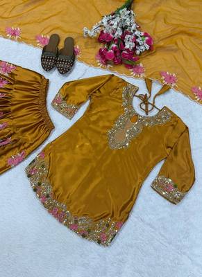 yellow japan satin suit with organza dupatta 5