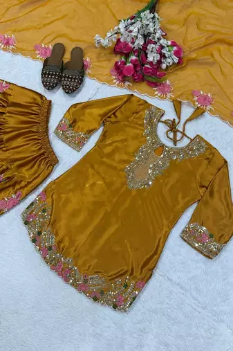 yellow japan satin suit with organza dupatta