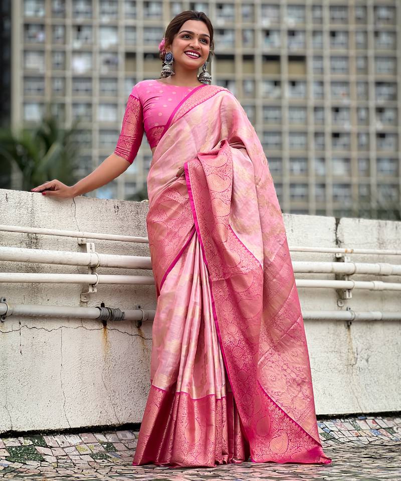 Baby pink kanjivaram soft tissue silk leheriya traditional zari woven saree details 