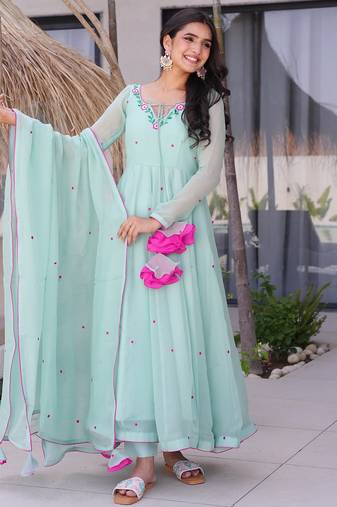 Sky blue georgette heavy thread embroidery work kurta pant set