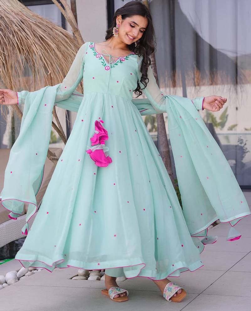 Sky blue georgette heavy thread embroidery work kurta pant set