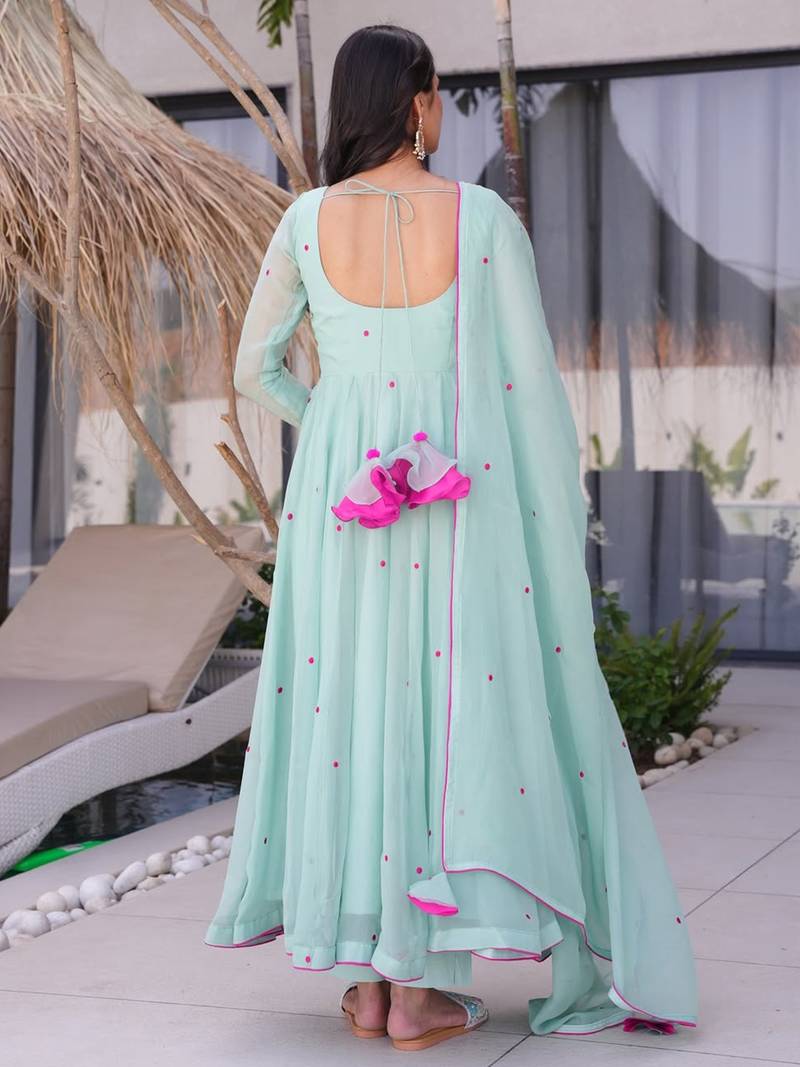 Sky blue georgette heavy thread embroidery work kurta pant set