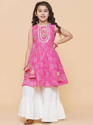 pink rayon girls sharara set with printed design 1