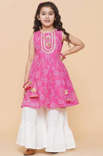 New fancy bandhani stylish printed pink color kids girl's kurta and sharara set