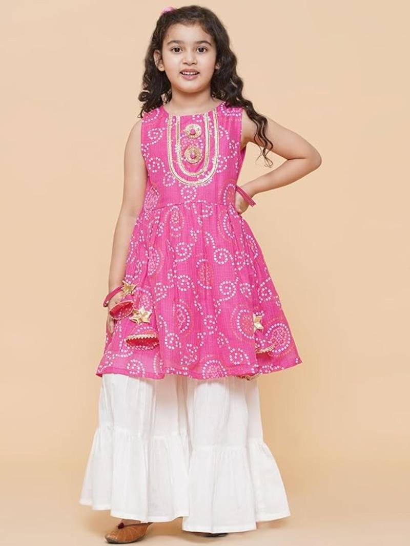 New fancy bandhani stylish printed pink color kids girl's kurta and sharara set