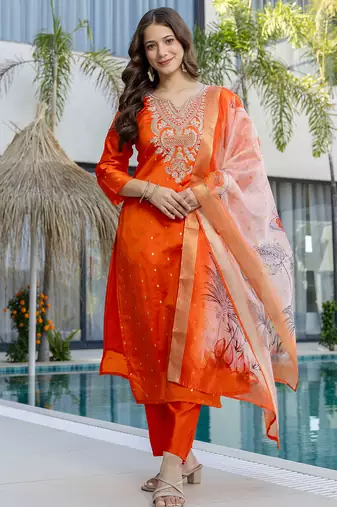 Orange jacquard butti jacquard butti with heavy thread embroidery work kurta pant set