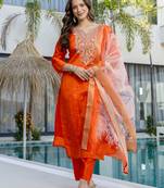 Orange jacquard butti jacquard butti with heavy thread embroidery work kurta pant set