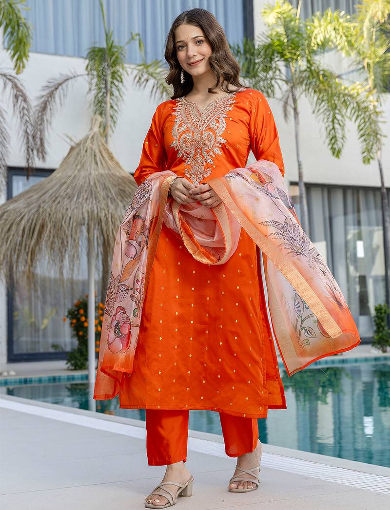 Orange jacquard butti jacquard butti with heavy thread embroidery work kurta pant set