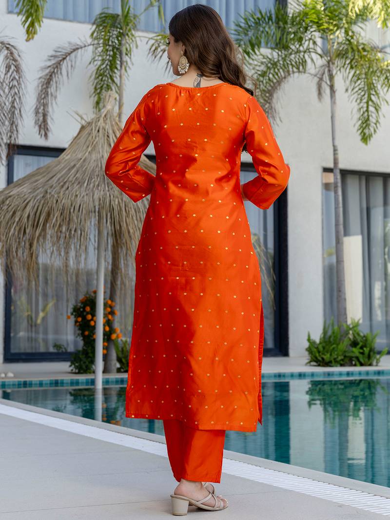 Orange jacquard butti jacquard butti with heavy thread embroidery work kurta pant set