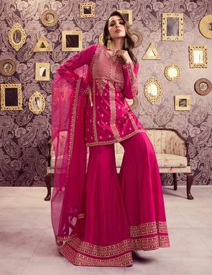 Rani pink chanderi silk heavy thread embroidery with sequins work kurta palazzo set 1