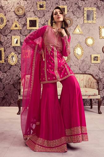 Rani pink chanderi silk heavy thread embroidery with sequins work kurta palazzo set
